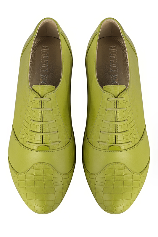 Pistachio green women's fashion lace-up shoes. Round toe. Flat leather soles. Top view - Florence KOOIJMAN